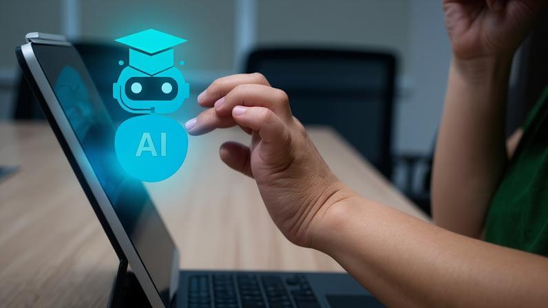 Education, kid learning and training with AI, knowledge and technology concept. Robot hologram in graduation hat showing while child using digital tablet with finger touch on screen, homework school.