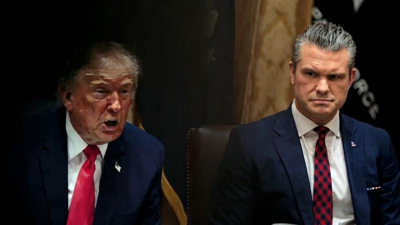 U.S. President Donald Trump speaks as U.S. Defense Secretary Pete Hegseth looks on during a meeting at the White House in Washington on Dec. 2.