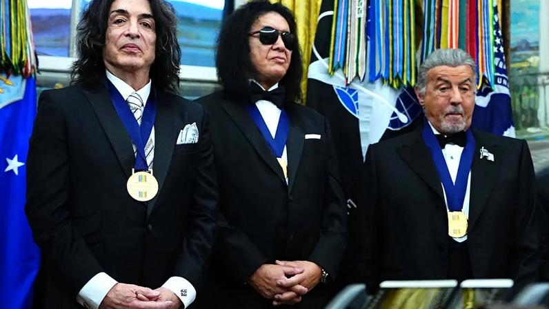 Paul Stanley and Gene Simmons of KISS and Sylvester Stallone during a medal presentation ceremony for the 2025 Kennedy Center Honorees in the Oval Office of the White House on December 06, 2025 in Washington, DC.