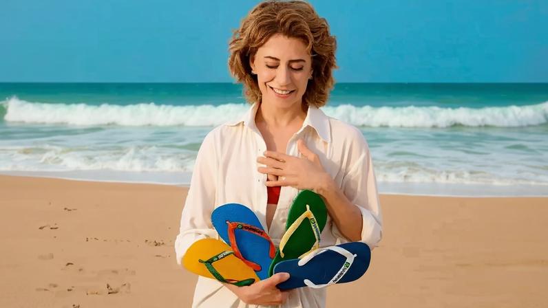 Atriz Fernanda Torres sugere que clientes das Havaianas "não entrem no Ano Novo com o pé direito". (Foto: Divulgação/havaianas.com.br)