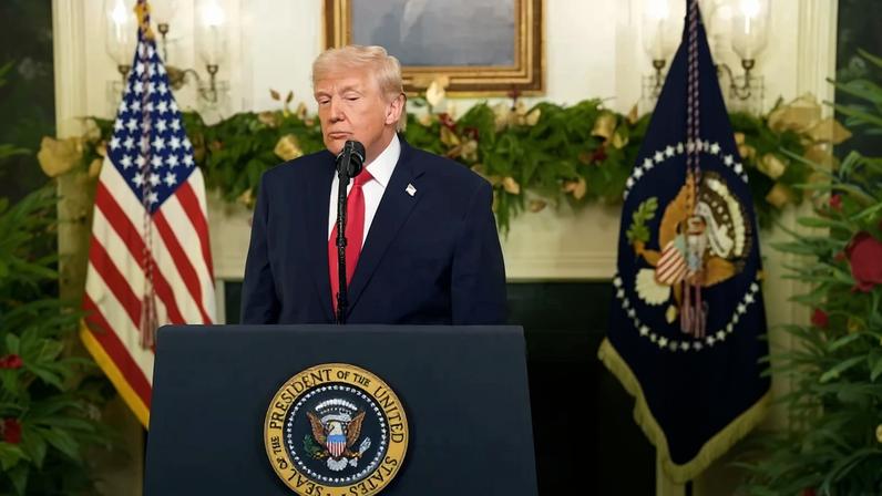 U.S. President Donald Trump addresses the nation from the Diplomatic Reception Room of the White House on Dec. 17.