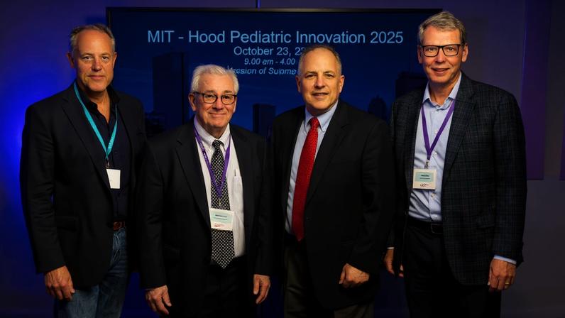 Left to right: John Parker Jr., Hood Foundation trustee; Joe Frassica, Hood Pediatric Innovation Hub executive director and MIT professor of the practice; Elazer Edelman, Hood Pediatric Innovation Hub faculty lead and MIT professor; and Neil Smiley, Hood Foundation president.