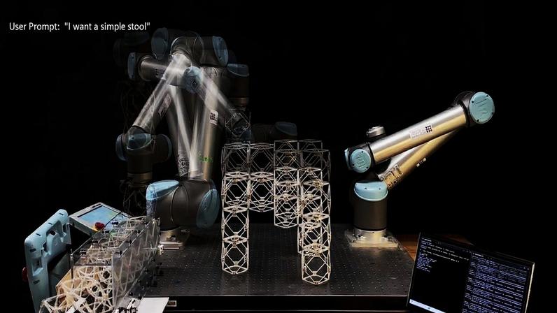 A robotic arm builds a lattice-like stool after hearing the prompt “I want a simple stool,” demonstrating how the system translates speech into real-time fabrication.