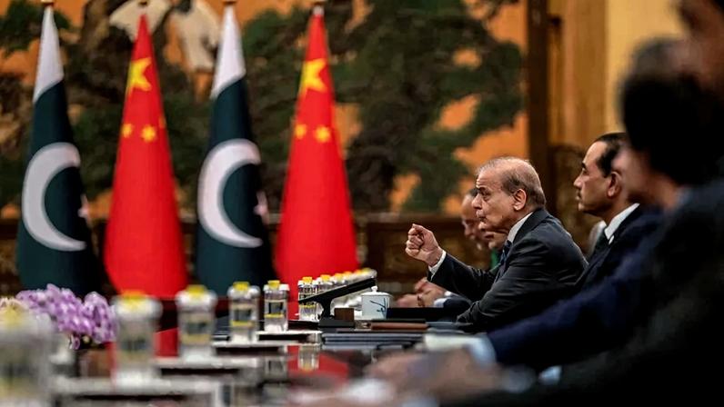 Pakistani Prime Minister Shehbaz Sharif speaks during a meeting with Chinese President Xi Jinping in Beijing on Sept. 2.