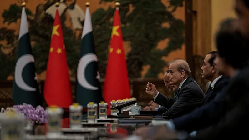 Pakistani Prime Minister Shehbaz Sharif speaks during a meeting with Chinese President Xi Jinping in Beijing on Sept. 2.