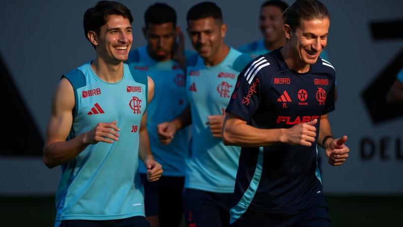 Pedro Leão junto a Filipe Luís em treino do Flamengo (Foto Divulgação / Flamengo)