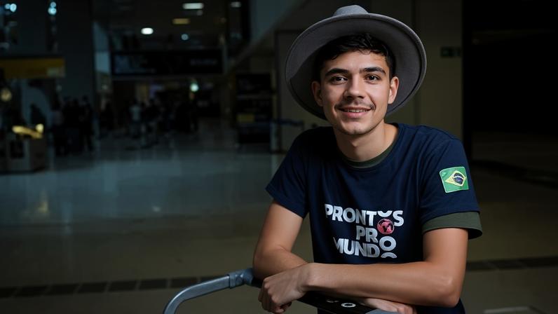 Kauê Gregório durante desembarque da turma de 90 alunos que chegou do Canadá, no aeroporto de Guarulhos