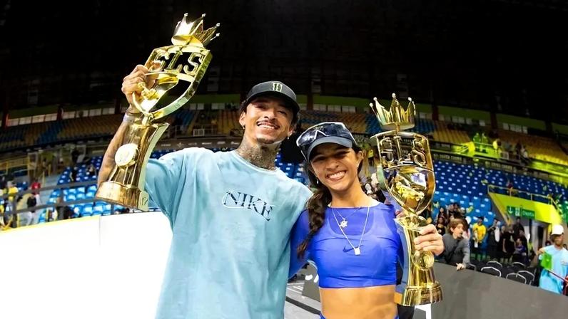 Nyjah Huston e Rayssa Leal foram os campeões do Super Crown 2024 (Foto: Dan Pellicciari/SLS)
