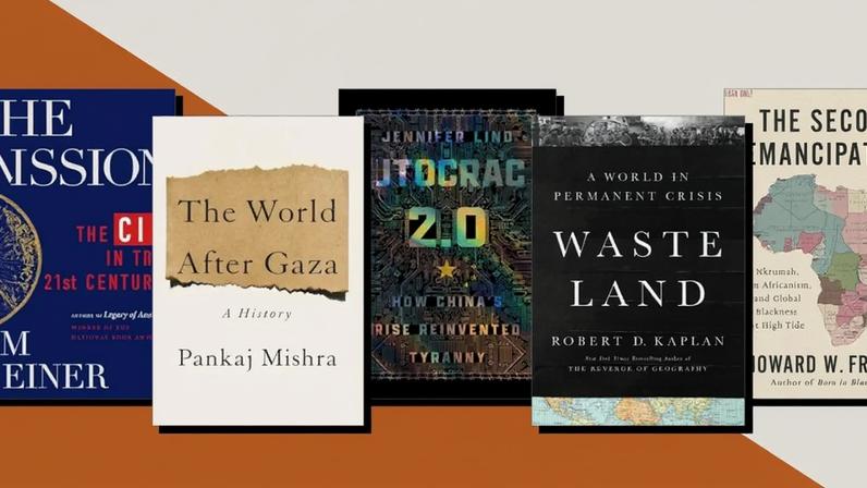 A grid of five book covers on an ornage background