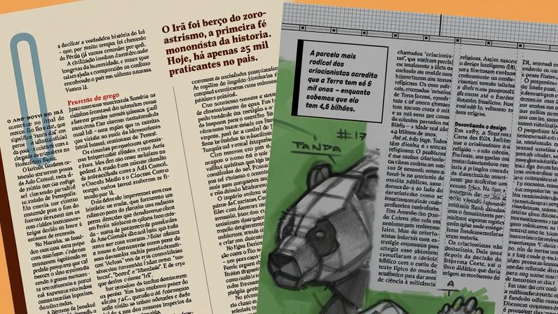 Imagem, em fundo manga, de duas páginas de revista com textos em colunas verticais.