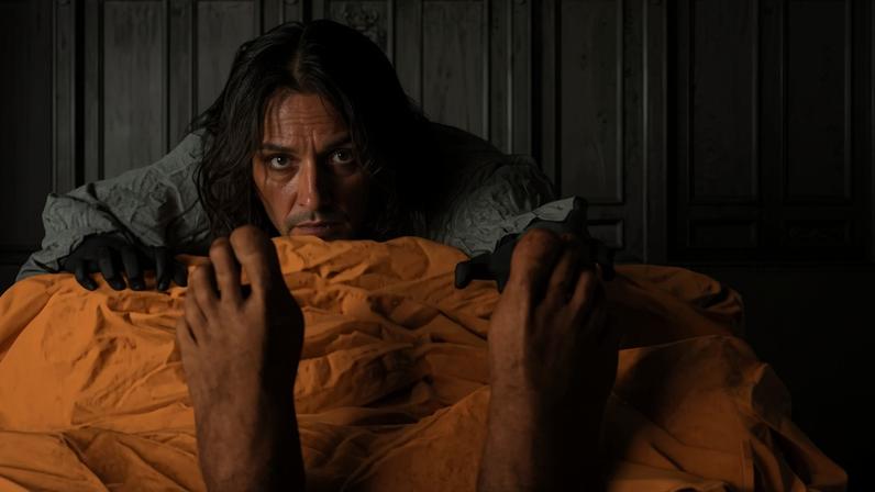 Foto colagem, de uma pessoa de semblante sombrio se aproximando de uma pessoa que está dormindo.