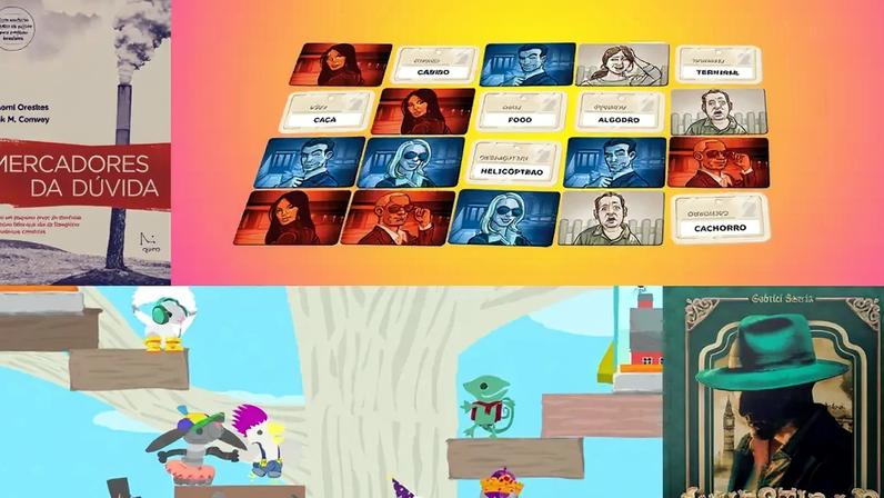 Mosaico com imagens do livros "Investigar", "Mercadores de dúvidas"e dos jogos "Código Secreto" e "Ultimate Chicken Horse".