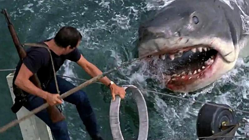 Imagem de um homem dependurado num barco enfrentando um enorme tubarão. Cena do filme "Tubarão".