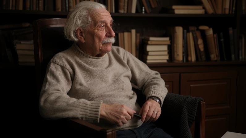 Retrato de Albert Einstein sentado em uma poltrona em uma biblioteca.