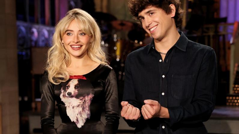 Sabrina Carpenter and Marcello Hernández during 'SNL' Promos on Oct. 16, 2025