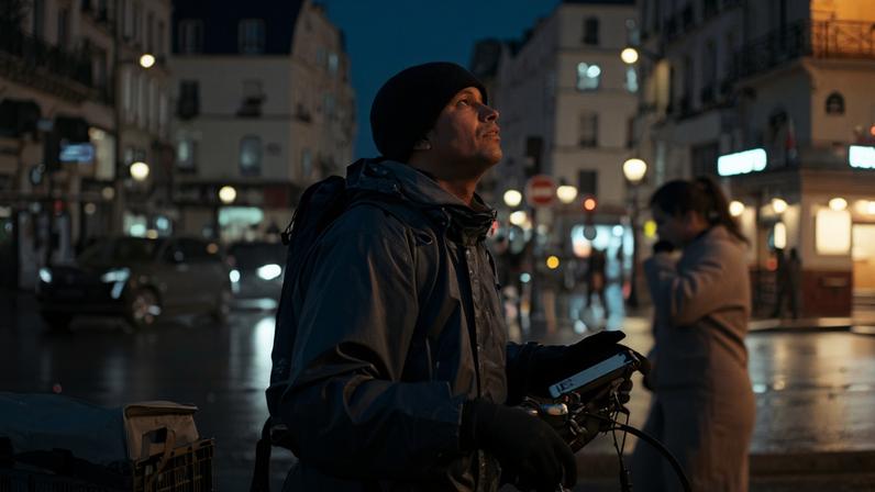 A man wearing a raincoat, knit cap, and a backpack holds a bicycle and smartphone. He stands on a city sidewalk at dusk and looks up at the sky as rain pours.