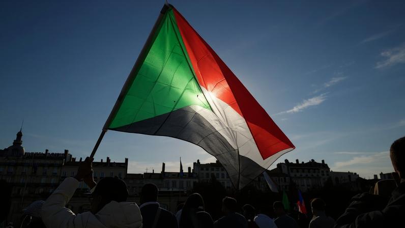 A protester waves a Sudanese flag during a demonstration in Lyon, France, on Nov. 8.