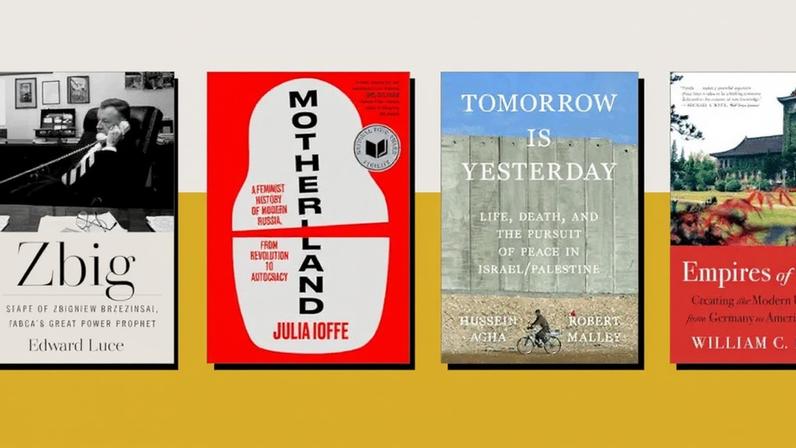 A grid of four book covers on a yellow background