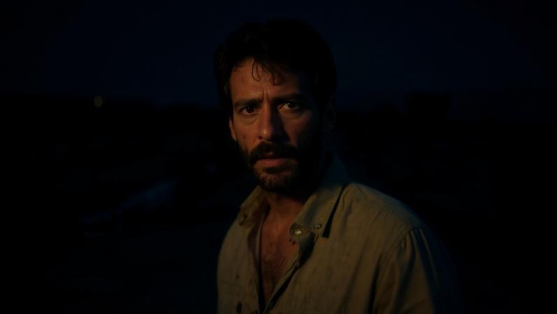 A man in a blood-stained shirt stands in the middle of an orchard of young trees, looking right into the camera with a distraught expression.