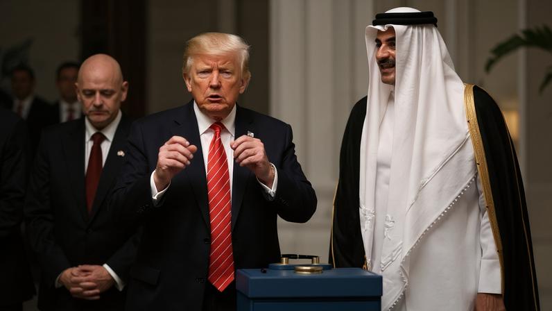 Donald Trump holds a white and red soccer ball.