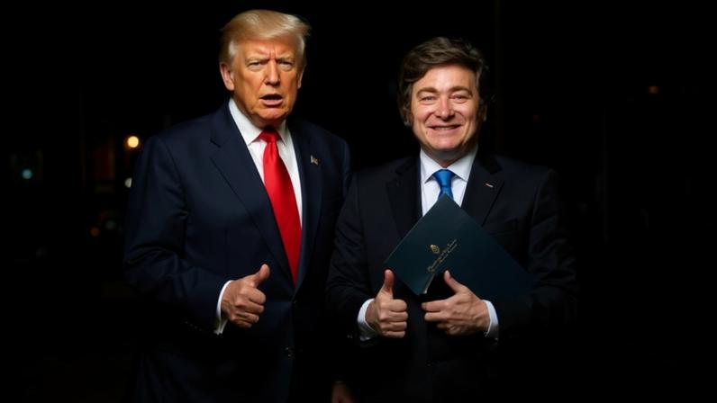 U.S. President Donald Trump and Argentine President Javier Milei each make a thumbs up as they stand beside each other. They are both wearing suits; Milei is holding a dark blue folder.