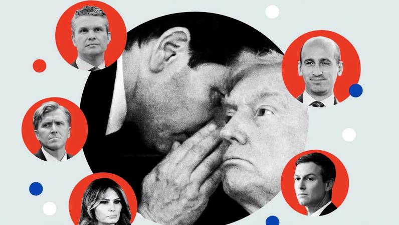 An illustration with Donald Trump listening as Marco Rubio leans in with a hand cupped to whisper in Trump's ear. Around the circular images are headshots of four men and one woman.