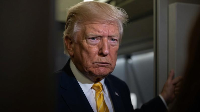 A close-up of Trump's face. He's staring ahead and wearing a yellow striped tie.