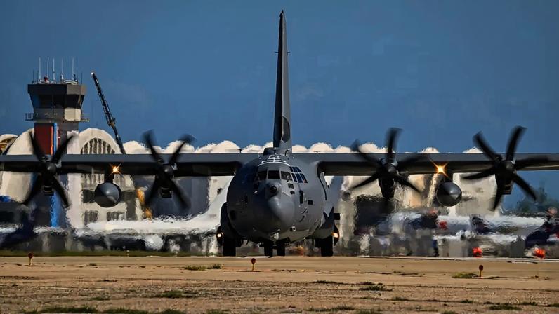 A U.S. Air Force C-130 Hercules taxis at Rafael Hernández Airport in Aguadilla, Puerto Rico.
