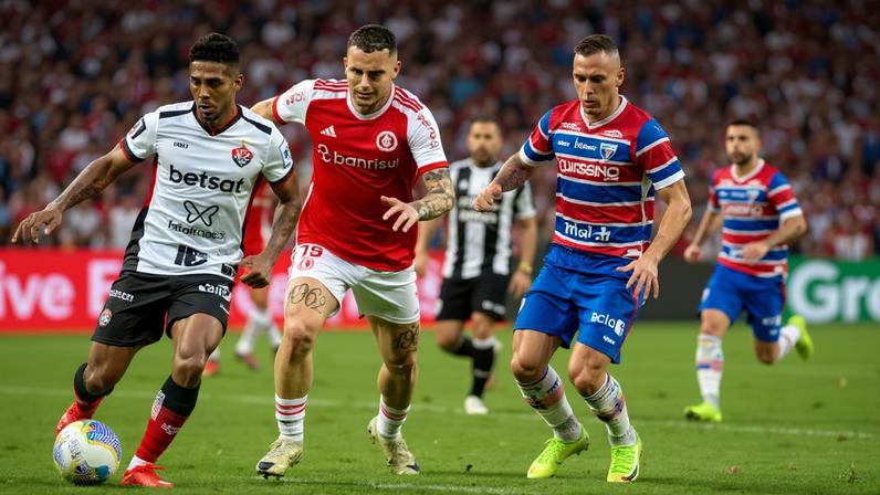 Internacional, Vitória, Santos, Ceará e Fortaleza tem riscos de queda na rodada final do Brasileirão (Fotos: Victor Ferreira / EC Vitória | Affonso Andrade/Agência F8/Gazeta Press | Mateus Lotif/Fortaleza EC)