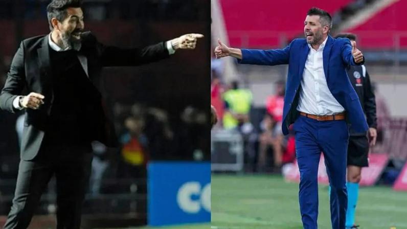 O argentino Eduardo Domínguez e o uruguaio Paulo Pezzolano, técnicos de futebol (Arte: Lance! sobre fotos Marcelo Manera/AFP e Divulgação/Real Valladolid)