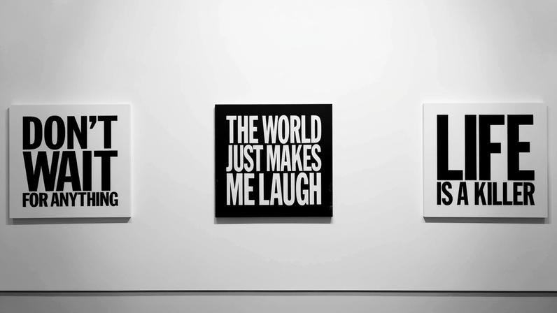 Fragments of Displacement includes text paintings by John Giorno, above © the Estate of John Giorno, courtesy Almine Rech