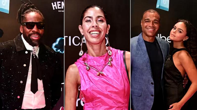 Lázaro Ramos, Bela Gil e Denilson (com a filha, Maria Eduarda) — Foto: Van Campos e Edu Araujo/AgNews