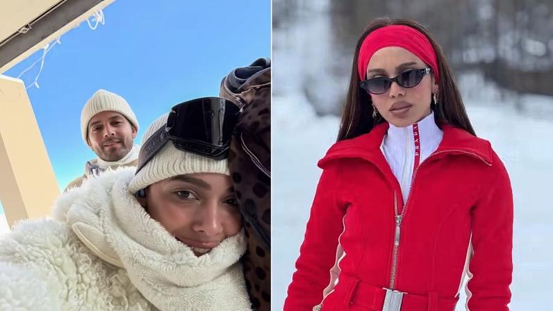 Anitta com o namorado, Ian Bortolanza (de animal print), o irmão, Renan, e a mãe, Miriam