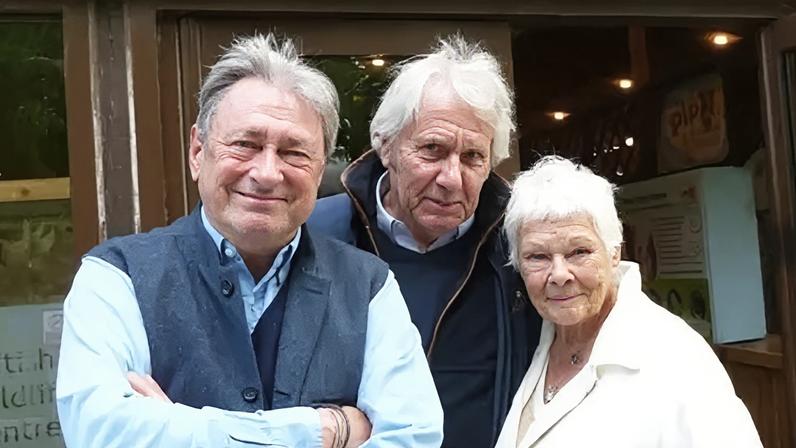 Gardener and broadcaster Alan Titchmarsh with British Wildlife Centre founder David Mills and his partner, actor Dame Judi Dench