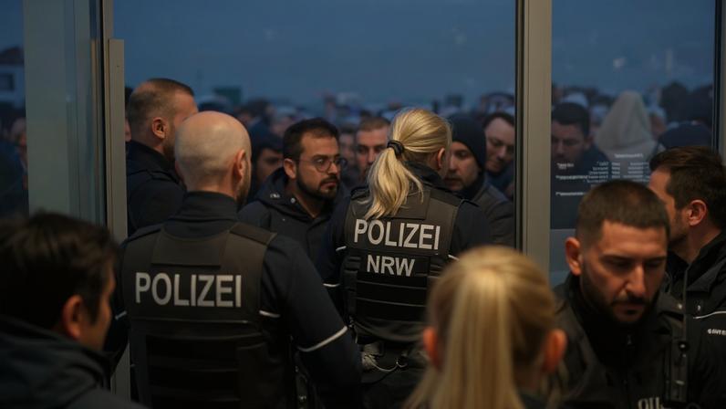 Policiais e clientes bancários em frente a uma agência do banco Sparkasse em Gelsenkirchen, oeste da Alemanha, em 30 de dezembro de 2025, depois que o local foi roubado.