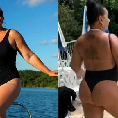 Solange Couto faz mergulho para amenizar calor e prevê Natal quente