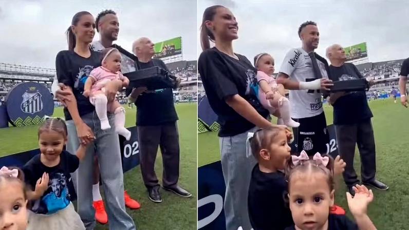Ao lado de Neymar, Bruna Biancardi segura Mel e dá a mão para Mavie, enquanto Helena brinca com a câmera — Foto: Reprodução/Instagram