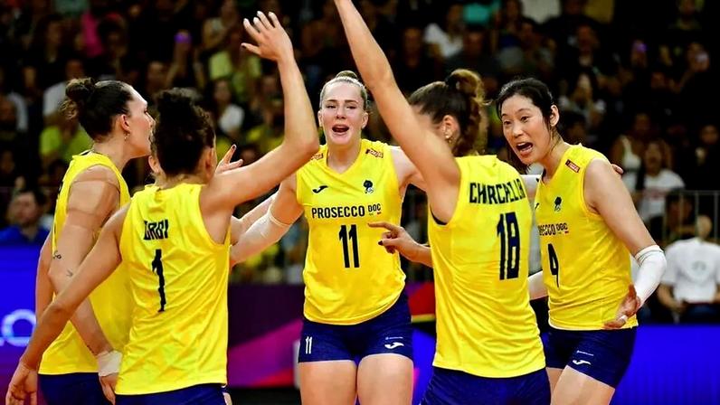 Conegliano durante partida no Mundial de Clubes de vôlei feminino (Foto: Deco Pires)