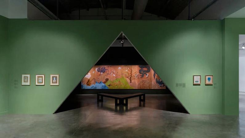 The arrangement of Hiba Schahbaz’s exhibition was inspired by the geometry and symbolism of a traditional Persian char-bagh garden. In the background is a 45ft-long painting that Schahbaz created for the show