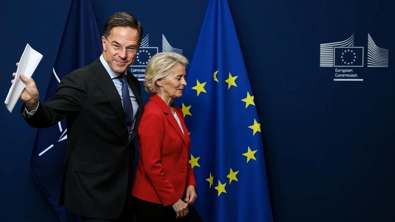 NATO Secretary General Mark Rutte and European Commission President Ursula von der Leyen leave after a news conference ahead of a discussion on defense and security issues Brussels on Sept. 30.