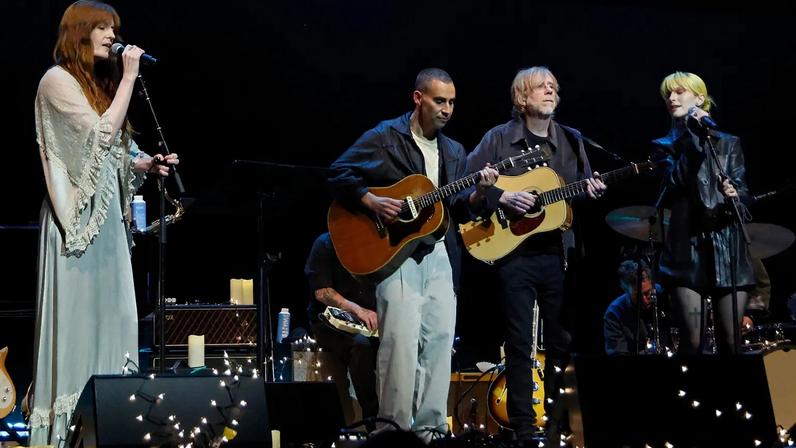 Florence Welch, Jack Antonoff, Trey Anastasio, and Hayley Williams perform during The 11th Annual Ally Coalition Talent Show at NYU Skirball Center on December 15, 2025 in New York City.