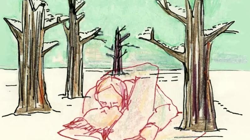 An illustration of a winter landscape. Snow covers the ground and the bare branches of trees. In the foreground, a ghostly transparent couple embraces and kisses.