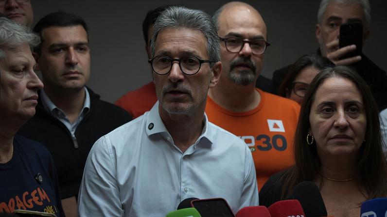 1 de 1 Romeu Zema (Novo) lança pré-candidatura à Presidência da República em 2026, durante evento do partido em São Paulo. — Foto: Reprodução/TV Globo