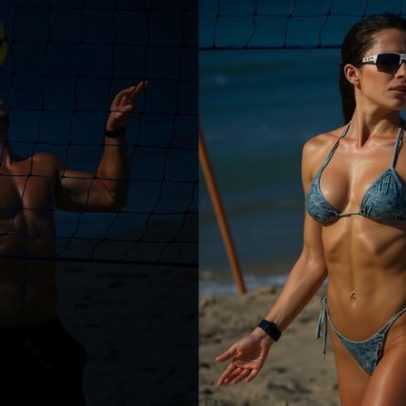 Jade Picon usa biquíni tie-dye em futevôlei na praia com André Lamoglia