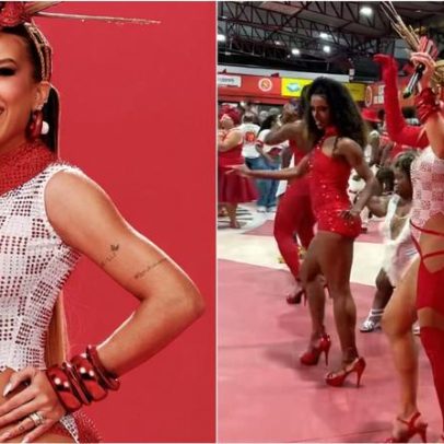 Lore Improta, grávida, faz ensaio de samba na quadra da Viradouro