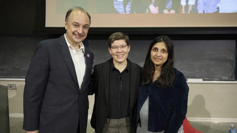 Left to right: MIT.nano Director Vladimir Bulović, the Fariborz Maseeh (1990) Professor of Emerging Technologies at MIT; Jennifer Lewis PhD ’91, the Hansjörg Wyss Professor of Biologically Inspired Engineering at Harvard University and the 2025 Dresselhaus Lecturer; and Ritu Raman, the Eugene Bell Career Development Assistant Professor of Tissue Engineering in the MIT Department of Mechanical Engineering.
