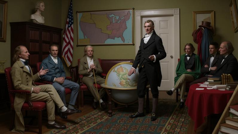 1912 painting by Clyde O. DeLand titled “Birth of the Monroe Doctrine.” From left to right: John Quincy Adams, William Harris Crawford, William Wirt, President James Monroe, John Caldwell Calhoun, Daniel D. Tompkins, and John McLean.