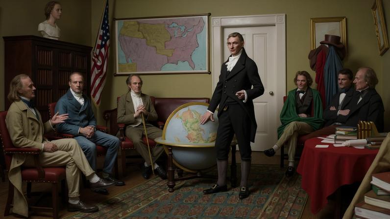 1912 painting by Clyde O. DeLand titled “Birth of the Monroe Doctrine.” From left to right: John Quincy Adams, William Harris Crawford, William Wirt, President James Monroe, John Caldwell Calhoun, Daniel D. Tompkins, and John McLean.