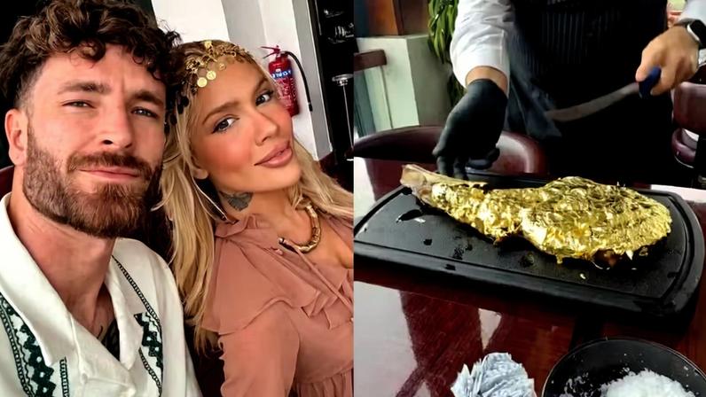 Karoline Lima e Léo Pereira vivem experiência de ostentação ao provar ‘carne de ouro’ no Catar — Foto: Reprodução/Instagram
