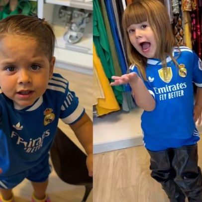 Filhas de Virginia passam dia com Poliana Rocha usando uniforme do Real Madrid